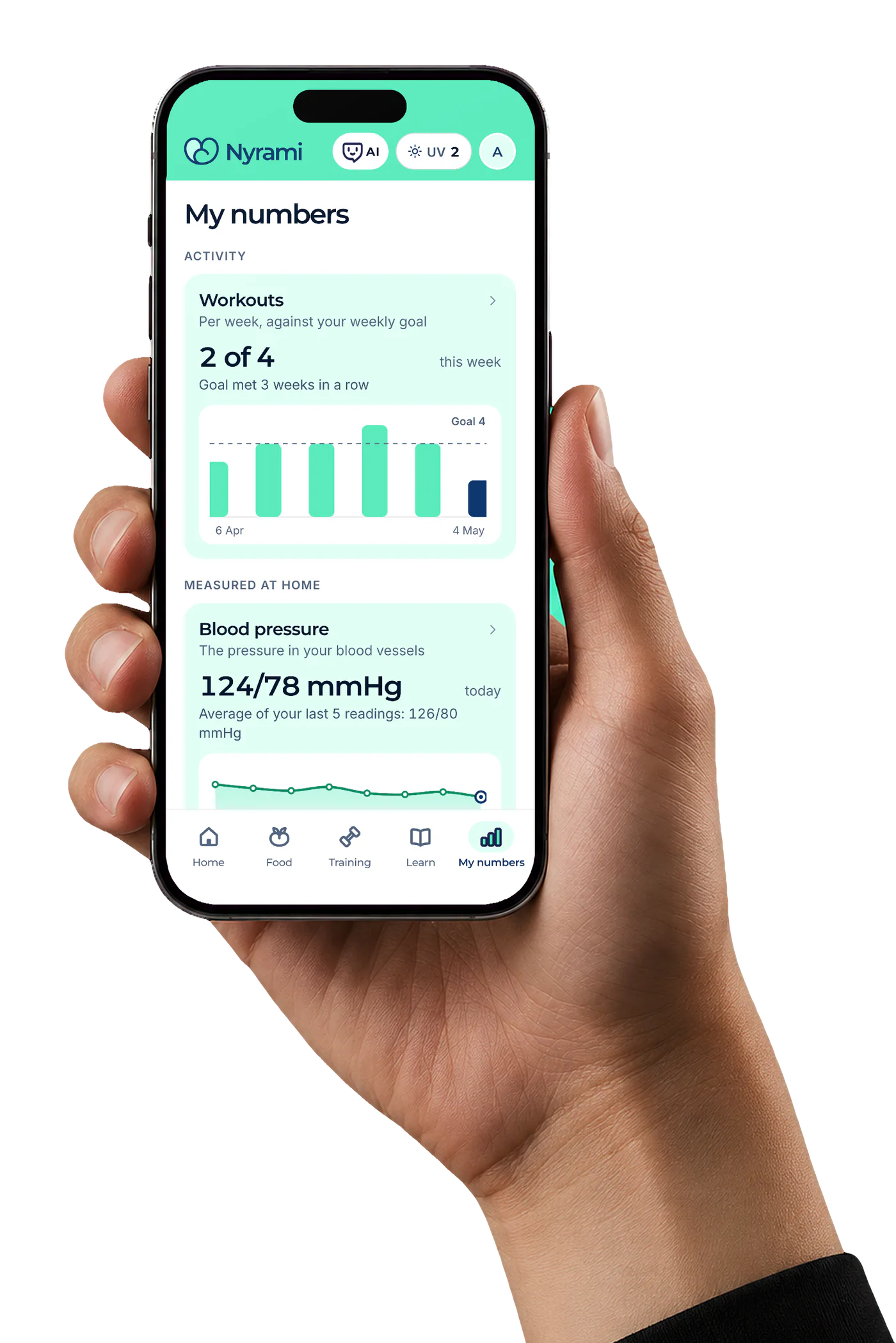 A hand holding a phone with My numbers in the Nyrami app: training sessions and blood pressure