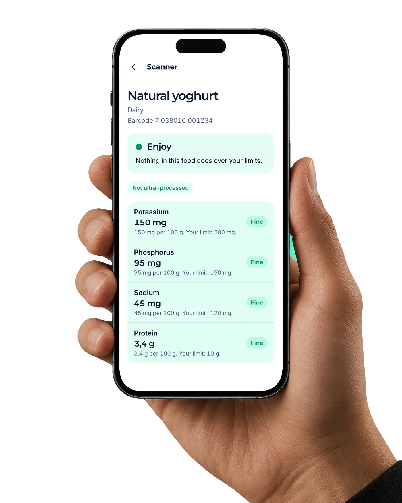 The Nyrami app's answer on a scanned natural yoghurt: Enjoy, nothing in it goes over your limits