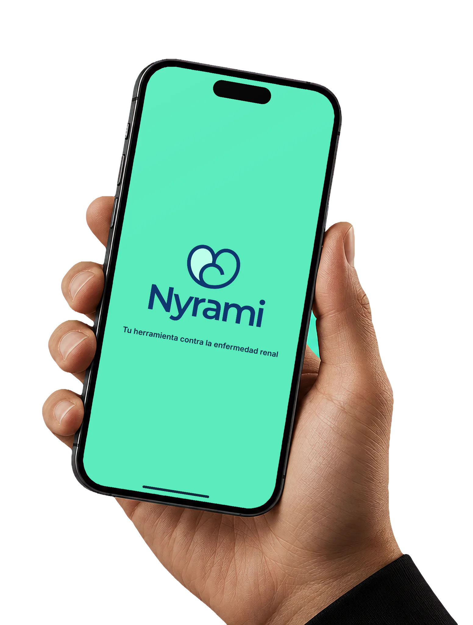 Una mano sostiene un teléfono con la pantalla de inicio de la app Nyrami: el logotipo y Tu herramienta contra la enfermedad renal