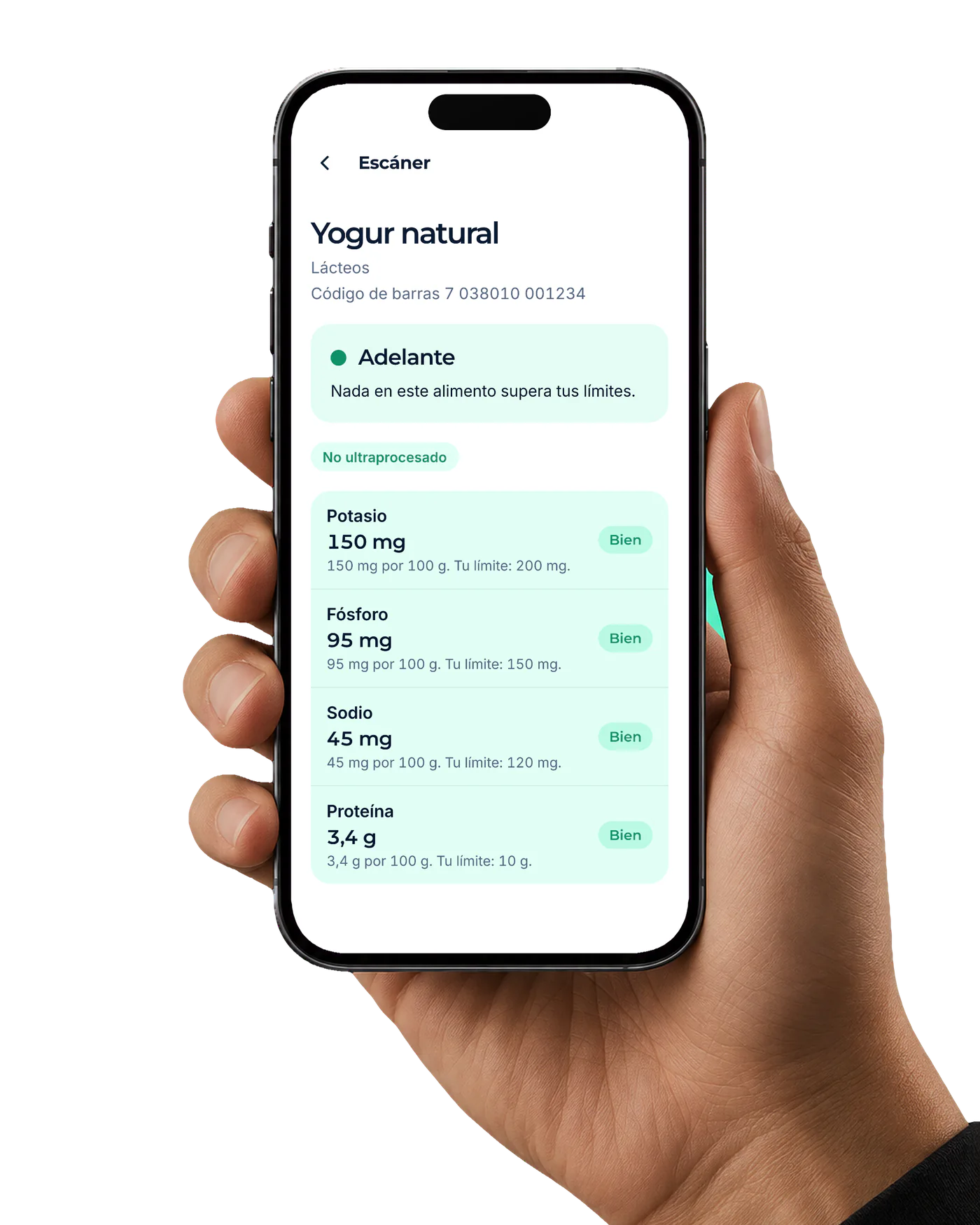 La respuesta de la app Nyrami sobre un yogur natural escaneado: Adelante, nada supera tus límites