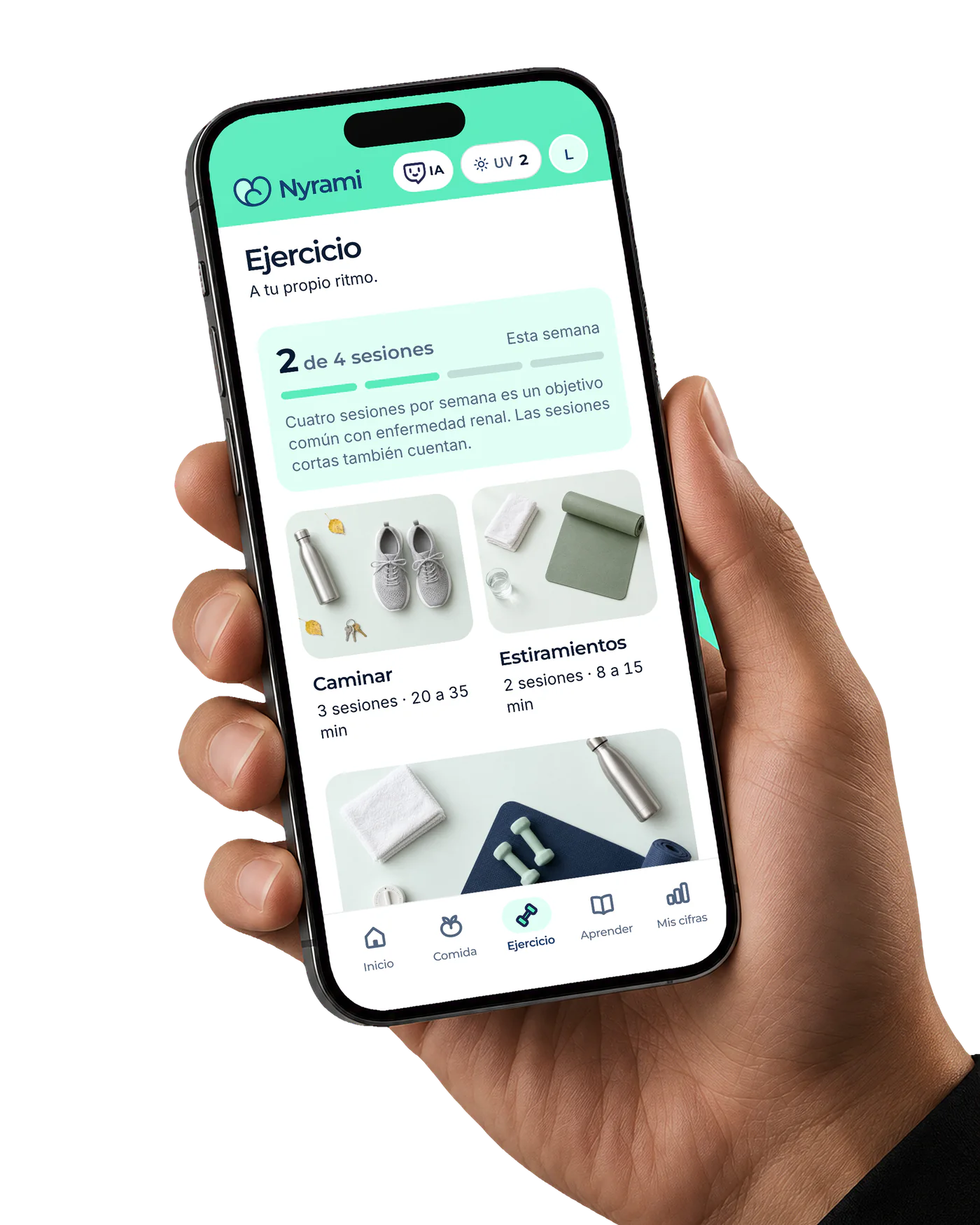 Ejercicio en la app Nyrami con el objetivo semanal, caminar y estiramientos
