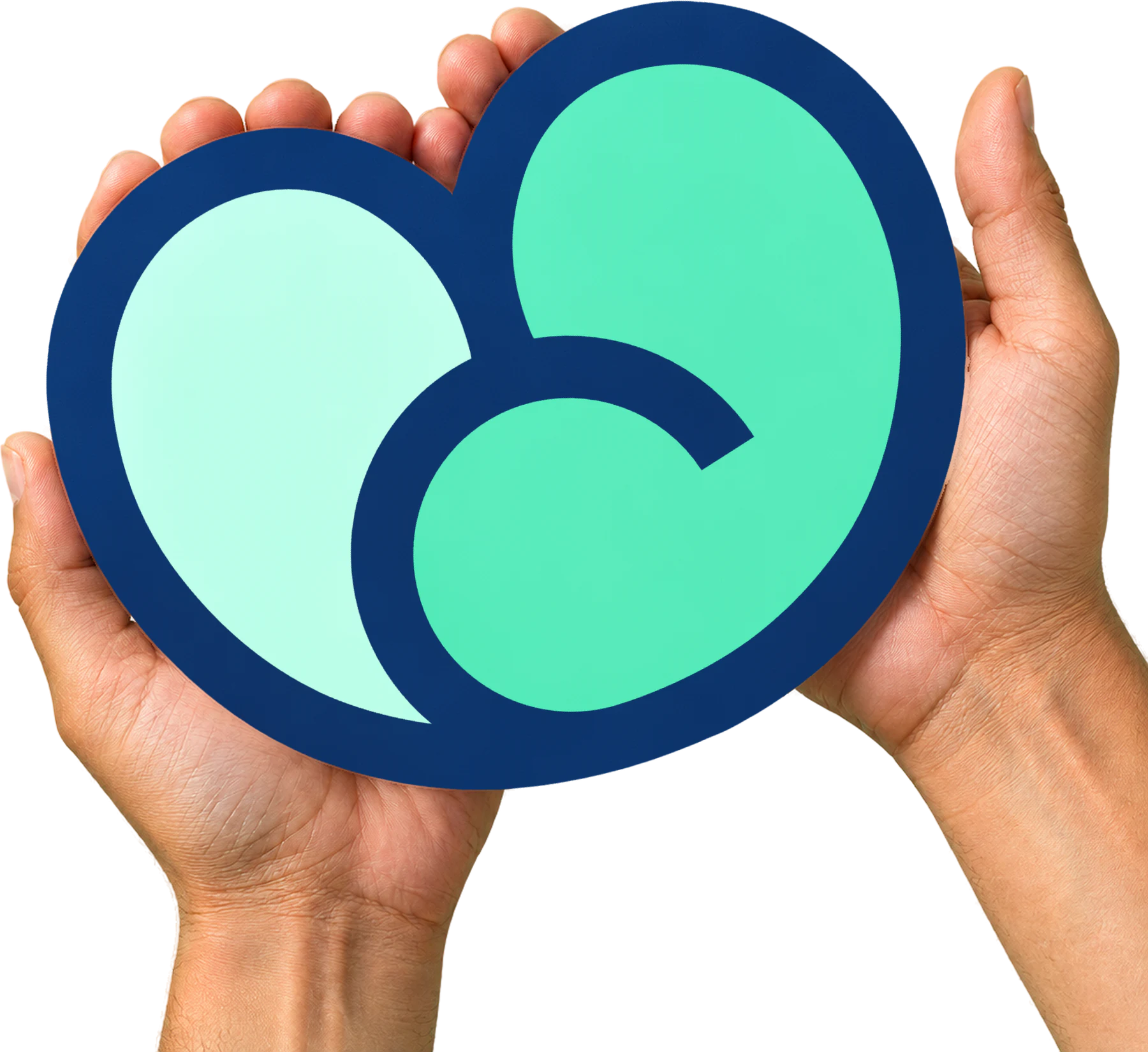 Two hands holding the Nyrami mark, a heart made of two kidneys, against a green wall