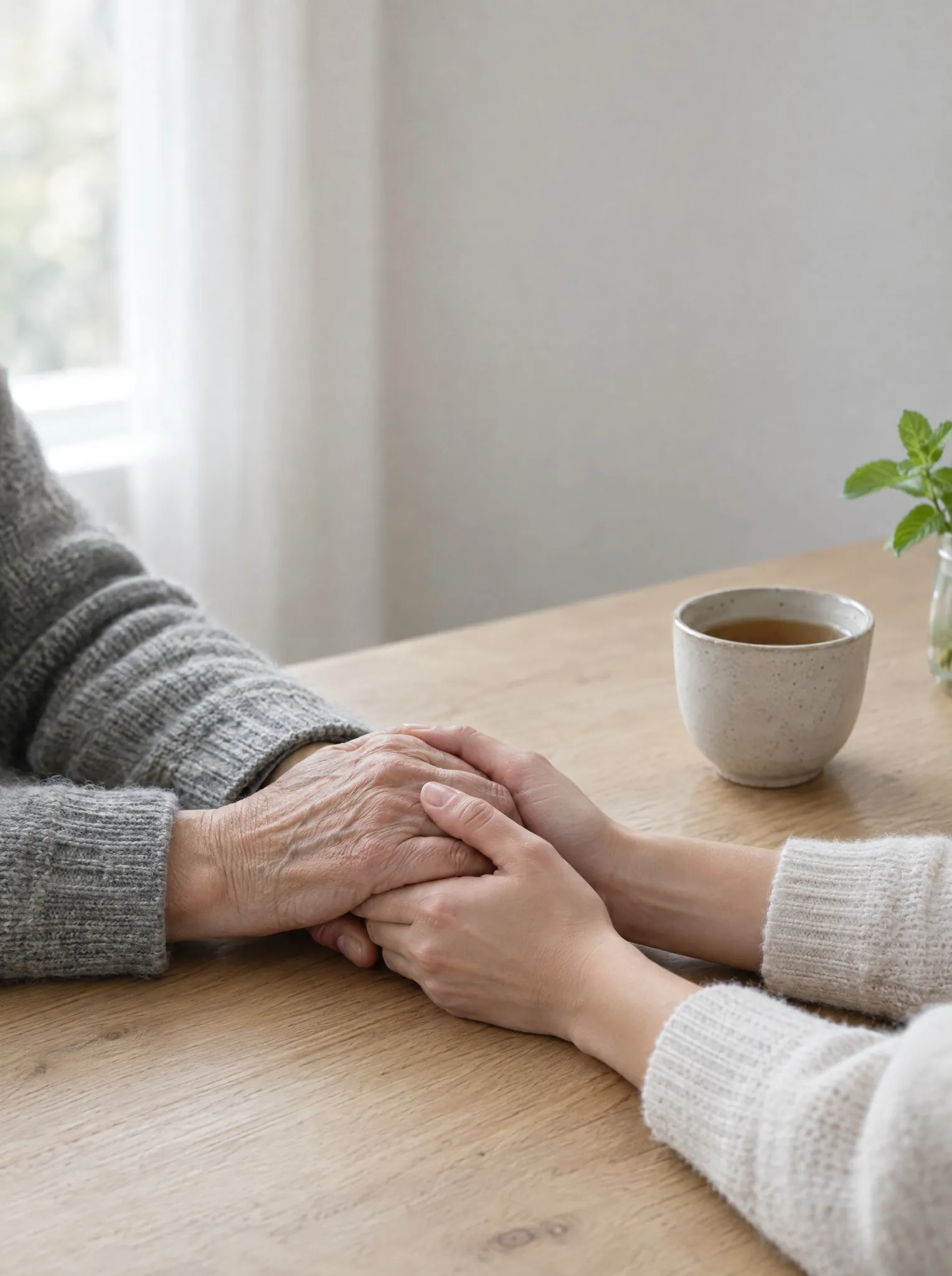 Two people holding hands across a table with a cup of tea