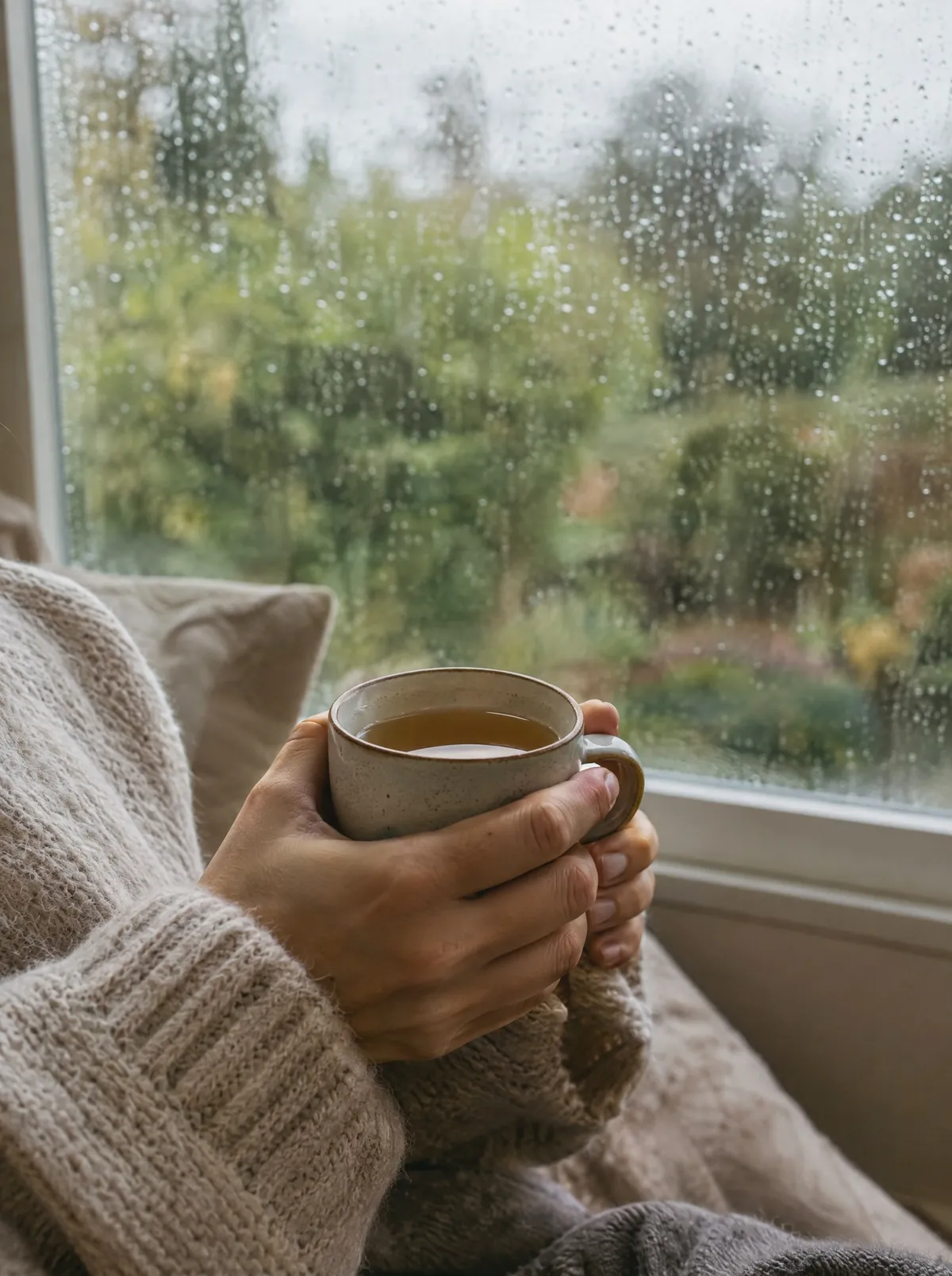 Hands around a cup of tea by a window