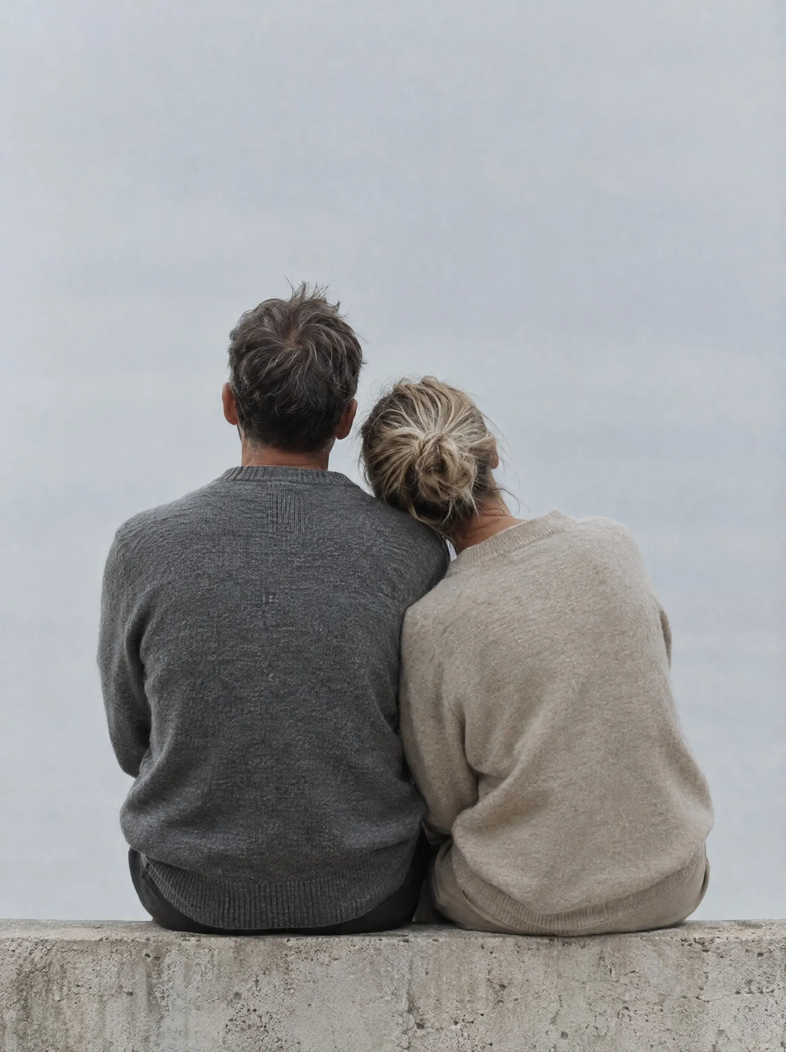 Two people sitting close together on a wall, seen from behind